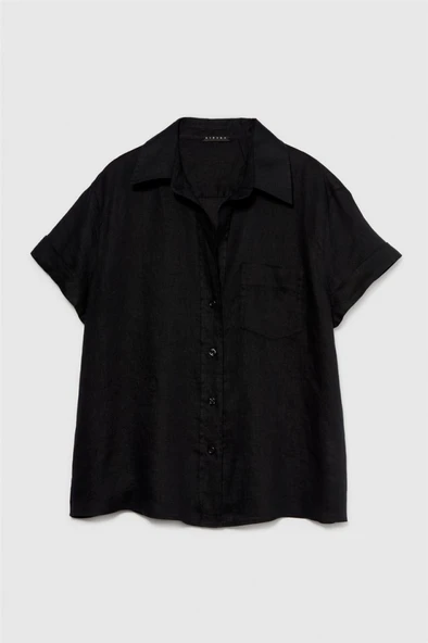 %100 Keten Düğmeli Göğüs Cepli Kısa Kollu Gömlek Kadın Siyah Gömlek - 324P5BMLLQ042 - Resim 7
