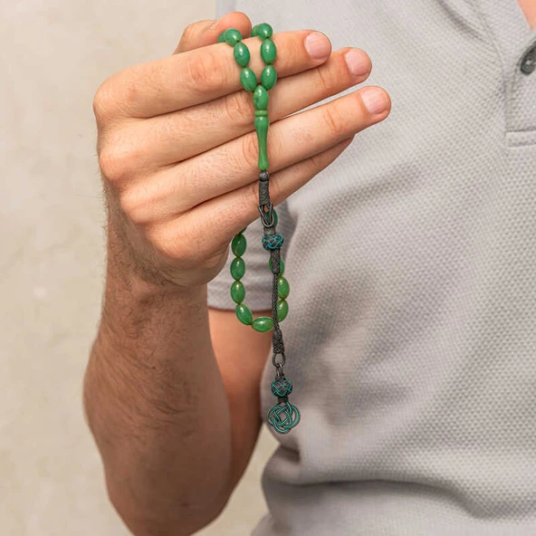 Gümüş Kazaz Püsküllü Yeşil Sıkma Kehribar Tesbih - Resim 4