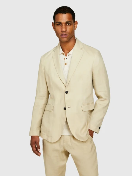 Sisley   %100 Keten Astarsız Rahat Kalıp Ceket Erkek Bej Ceket - 325P2AGHSW01Q - Resim 4