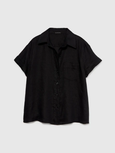 %100 Keten Düğmeli Göğüs Cepli Kısa Kollu Gömlek Kadın Siyah Gömlek - 324P5BMLLQ042 - Resim 4