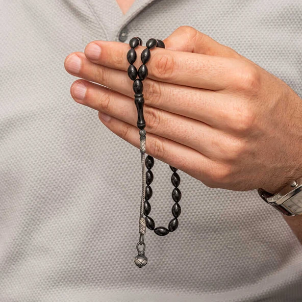 Gümüş Kazaz Püsküllü Siyah Sıkma Kehribar Tesbih - Resim 3