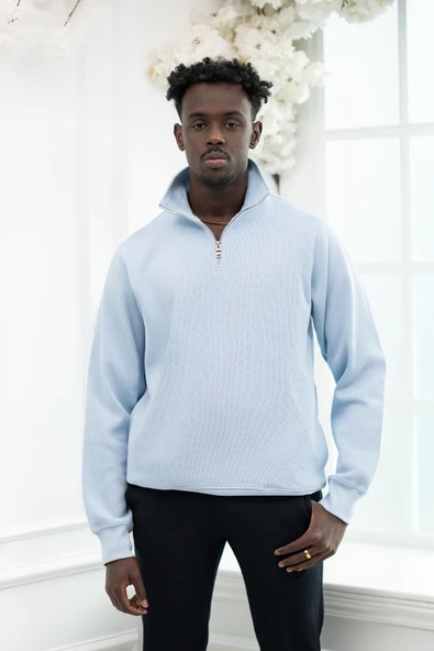 Regular Fit Fermuarlı Dik Yaka Pamuklu Selanik Kumaş Yan Cepli Kazak ürün görseli 1