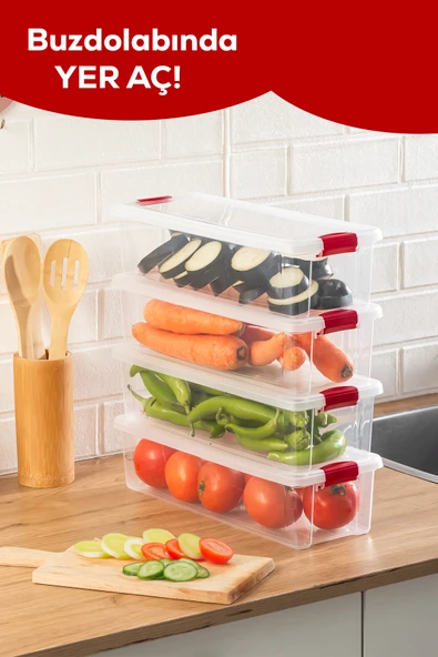 Porsima 456-4 4lü Kilitli Kapaklı Yiyecek Erzak Saklama Kabı Seti - Buzdolabı Düzenleyici Organizeri 3,4lt - Resim 3