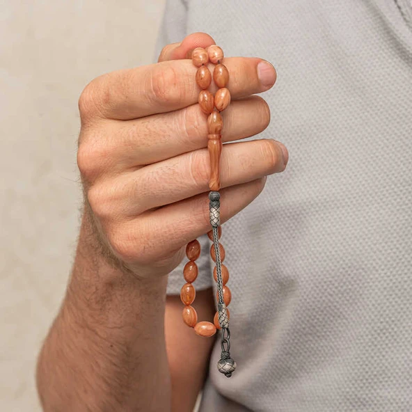 Gümüş Top Kazaz Püsküllü Sıkma Kehribar Tesbih - Resim 4