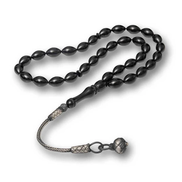 Gümüş Kazaz Püsküllü Siyah Sıkma Kehribar Tesbih ürün görseli 1