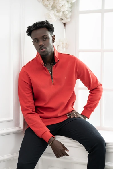 Regular Fit Biyeli Fermuarlı Dik Yaka Armürlü Pamuklu Sweatshirt ürün görseli 1