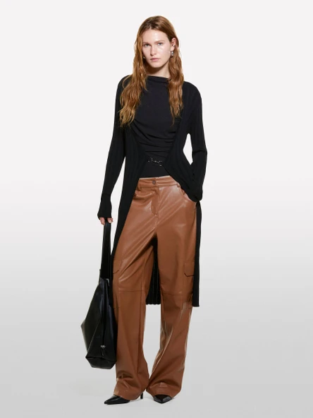 Sisley   Viskoz Karışımlı Önü Metal Kopça Kapamalı Uzun Hırka Kadın Siyah Hırka - 324A1WTHM6021 - Resim 3