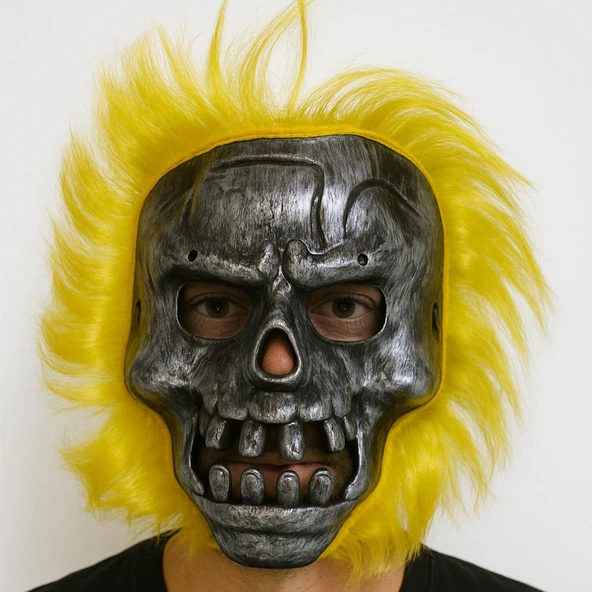 Wild Skull - Metalik Renk Kafatası Sarı Saçlı İskelet Maske ürün görseli 1