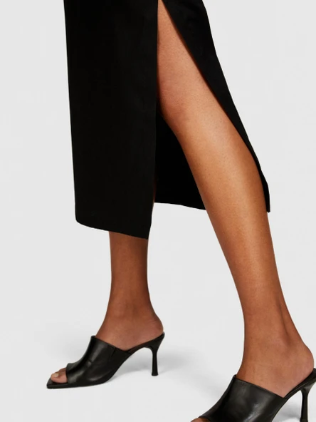 Keten ve Pamuk Karışımlı Yırtmaçlı Midi Kalem Etek Kadın Siyah Etek - 324P4U6WL0023 - Resim 5