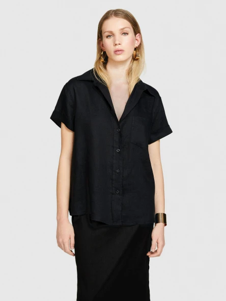 %100 Keten Düğmeli Göğüs Cepli Kısa Kollu Gömlek Kadın Siyah Gömlek - 324P5BMLLQ042 - Resim 2