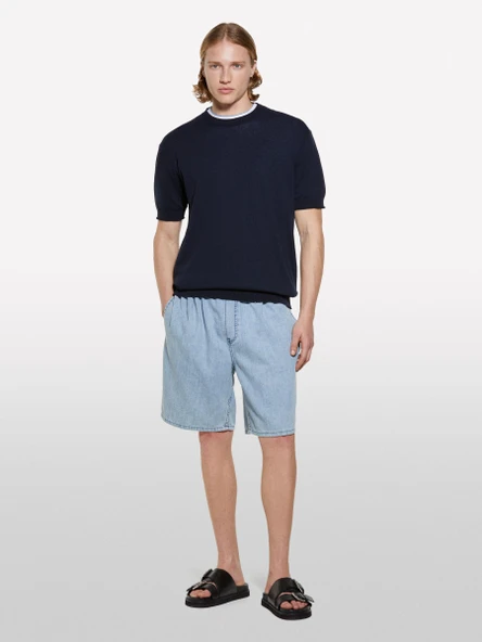 Sisley   %100 Pamuk Büzgü İpli Normal Bel Denim Şort Erkek Mavi Denim Şort - 325P44C1S901A - Resim 5