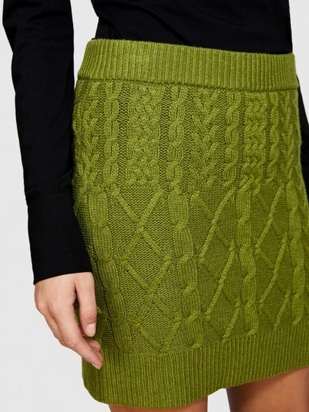 Yün Karışımlı Yüksek Bel Aran Motif Örgü Triko Mini Etek Kadın Yeşil Etek - 323A17L3M0008 - Resim 4