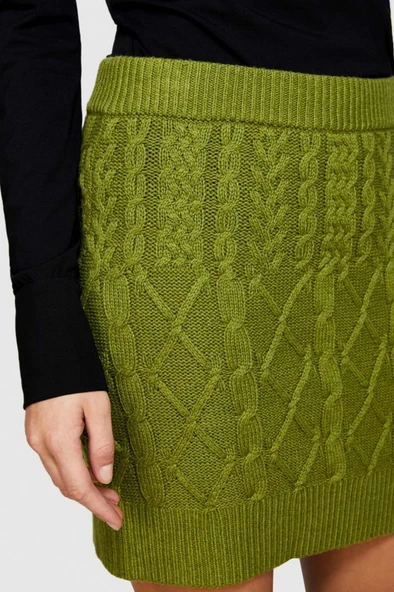 Yün Karışımlı Yüksek Bel Aran Motif Örgü Triko Mini Etek Kadın Yeşil Etek - 323A17L3M0008 - Resim 9