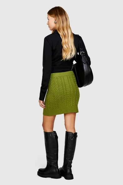 Yün Karışımlı Yüksek Bel Aran Motif Örgü Triko Mini Etek Kadın Yeşil Etek - 323A17L3M0008 - Resim 7