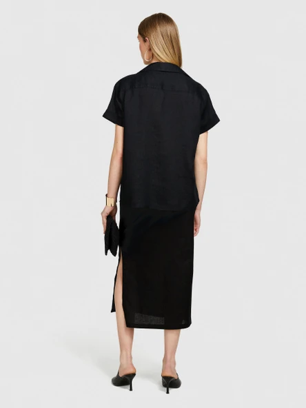 %100 Keten Düğmeli Göğüs Cepli Kısa Kollu Gömlek Kadın Siyah Gömlek - 324P5BMLLQ042 ürün görseli 1