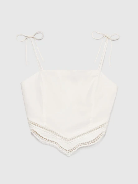 %100 Pamuk Önü Süsleme Detaylı Bağlamalı Askılı Üst Kadın Kırık Beyaz Gömlek - 324P5WDVLH014 - Resim 4