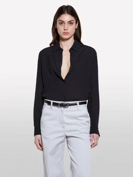 %100 Viskoz Arkası Uzun Over Fit Gömlek Kadın Siyah Gömlek - 325P5IDTLQ08R - Resim 3