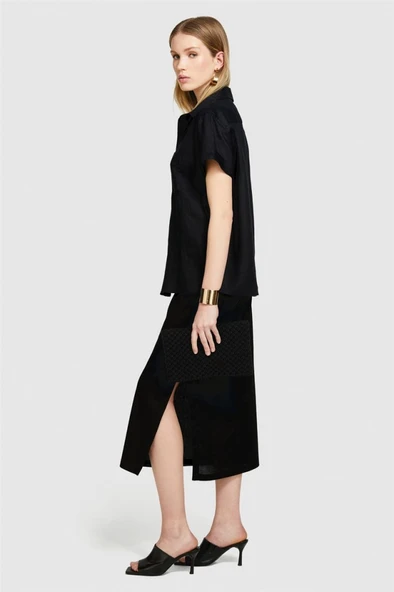 %100 Keten Düğmeli Göğüs Cepli Kısa Kollu Gömlek Kadın Siyah Gömlek - 324P5BMLLQ042 - Resim 8