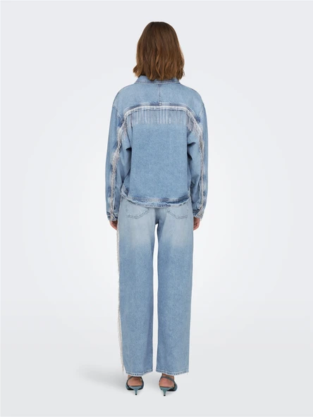 ONLSUNSET LS RHINESTONE JACKET RED DNM Kadın Light Blue Denim Denim Ceket - 15342631 - Resim 5