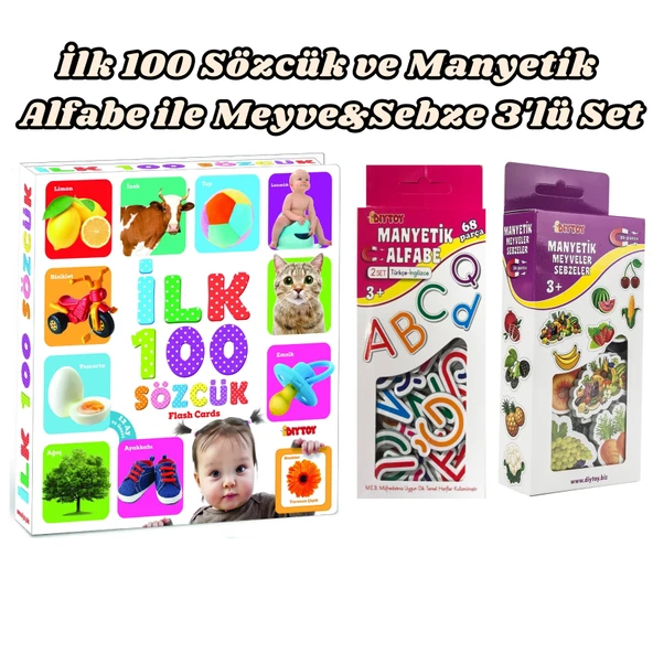 Diytoy Dil Gelişimi ve Kelime Öğrenme Seti: İlk 100 Sözcük + Manyetik Alfabe ve Meyve Sebzeler (3'lü Paket) ürün görseli 1