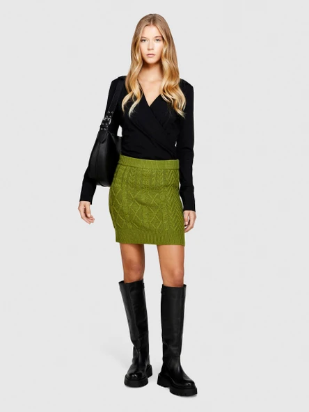 Yün Karışımlı Yüksek Bel Aran Motif Örgü Triko Mini Etek Kadın Yeşil Etek - 323A17L3M0008 - Resim 3