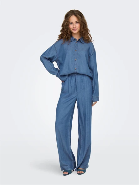ONLCHARIS LIFE LS SHIRT CC WVN Kadın Medium Blue Denim Gömlek - 15337928 - Resim 4