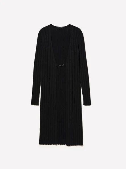 Sisley   Viskoz Karışımlı Önü Metal Kopça Kapamalı Uzun Hırka Kadın Siyah Hırka - 324A1WTHM6021 - Resim 6