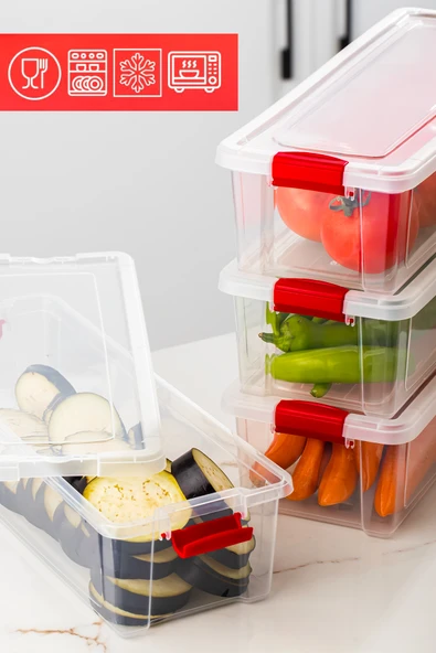 Porsima 456-4 4lü Kilitli Kapaklı Yiyecek Erzak Saklama Kabı Seti - Buzdolabı Düzenleyici Organizeri 3,4lt - Resim 2