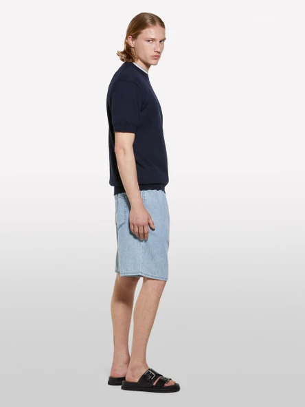 Sisley   %100 Pamuk Büzgü İpli Normal Bel Denim Şort Erkek Mavi Denim Şort - 325P44C1S901A - Resim 4