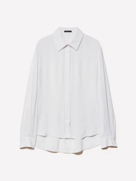 %100 Viskoz Arkası Uzun Over Fit Gömlek Kadın Bej Gömlek - 325P5IDTLQ08R - Resim 5