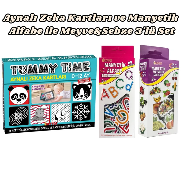 Diytoy Fiziksel ve Zihinsel Gelişim Seti: Tummy Time Aynalı Zeka Kartları + Manyetik Alfabe ve Meyve Sebzeler (3'lü Paket) ürün görseli 1