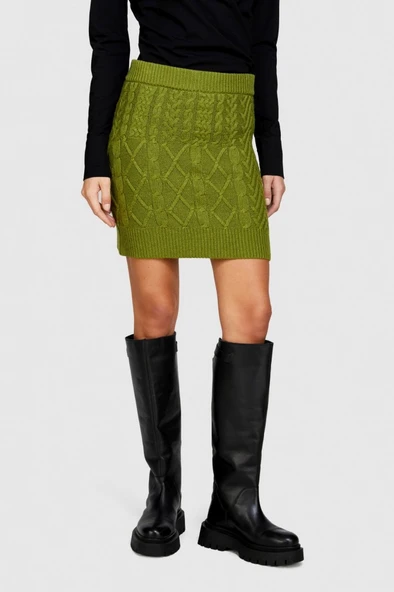 Yün Karışımlı Yüksek Bel Aran Motif Örgü Triko Mini Etek Kadın Yeşil Etek - 323A17L3M0008 - Resim 8