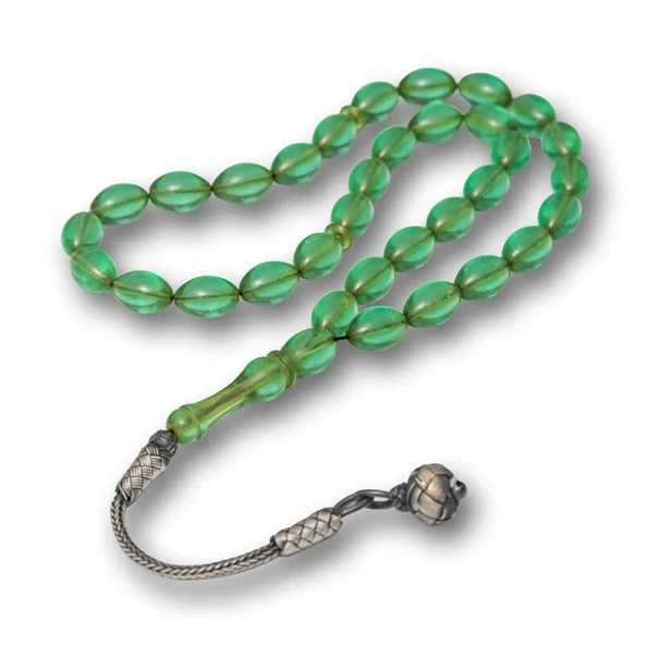 Gümüş Top Kazaz Püsküllü Yeşil Sıkma Kehribar Tesbih ürün görseli 1