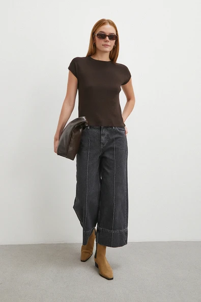 Yüksek Bel Paça Detaylı Jean Füme - Resim 5