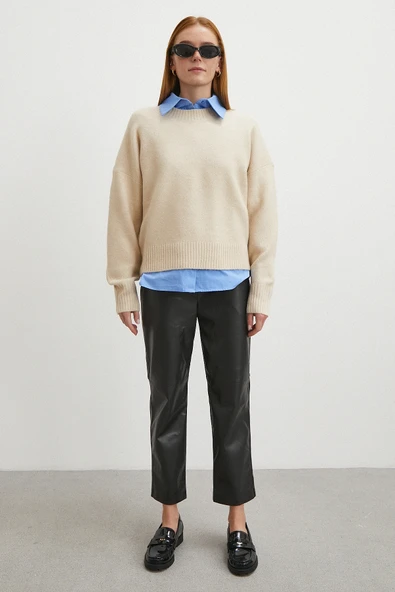 Kemerli Lastikli Deri Pantolon Siyah - Resim 3