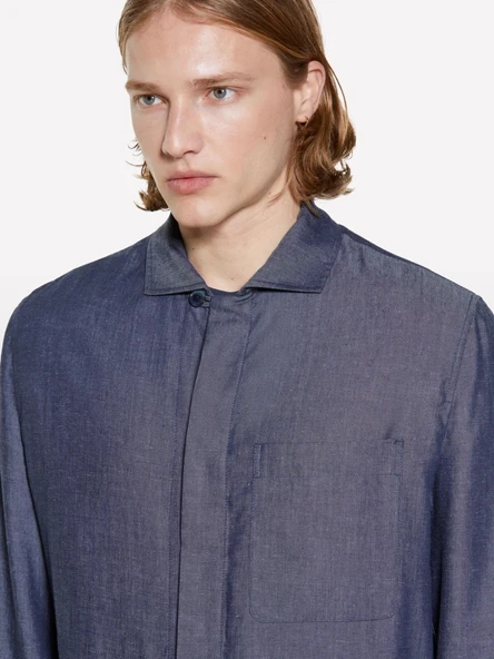 Sisley   Keten Karışımlı Gizli Düğmeli Astarsız Ceket Erkek Mavi Ceket - 325P2NZVSW02A - Resim 4