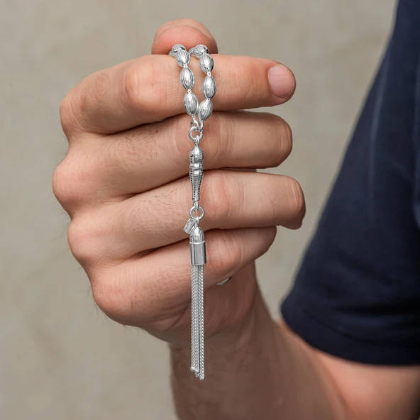 Gümüş Arpa Kesim Çizgili Erkek Tesbih - Resim 3