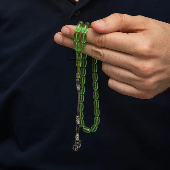 Gümüş Kazaz Püsküllü Kapsül Kesim Yeşil Sıkma Kehribar Tesbih - Resim 3