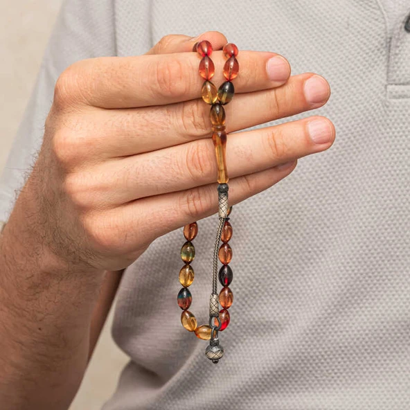 Gümüş Top Kazaz Püsküllü Sıkma Kehribar Tesbih - Resim 3