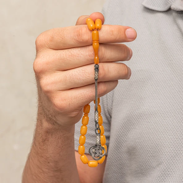 Gümüş Kazaz Püsküllü Kapsül Kesim Sarı Sıkma Kehribar Tesbih - Resim 2