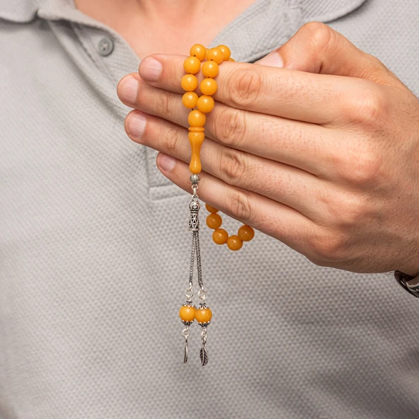 Gümüş Püsküllü Sarı Yuvarlak Sıkma Kehribar Tesbih - Resim 4