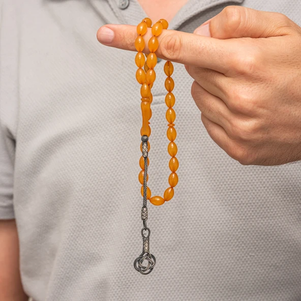 Gümüş Turuncu Kazaz Püsküllü Sıkma Kehribar Tesbih - Resim 3