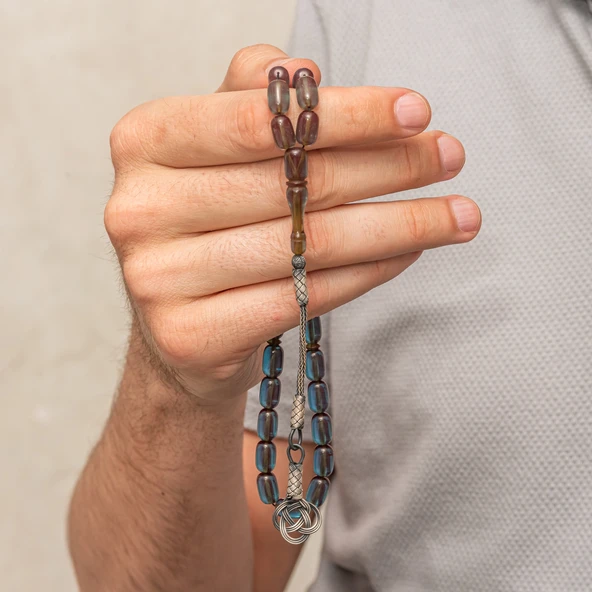 Gümüş Kazaz Püsküllü Kapsül Kesim Mavi Sıkma Kehribar Tesbih - Resim 2