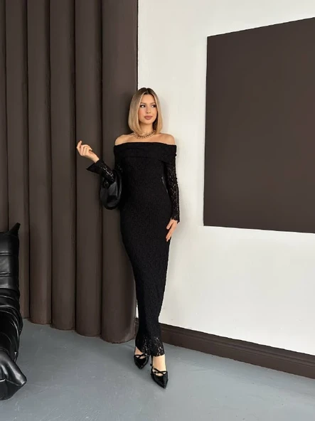 Omuz Açık Uzun Kollu Dantel Doku MidiMaxi Elbise - Resim 4