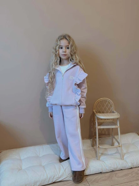 KIZ ÇOCUK DİK FERMUARLI 3 İPLİK GENİŞ PAÇA EŞOFMAN TAKIMI - Resim 2