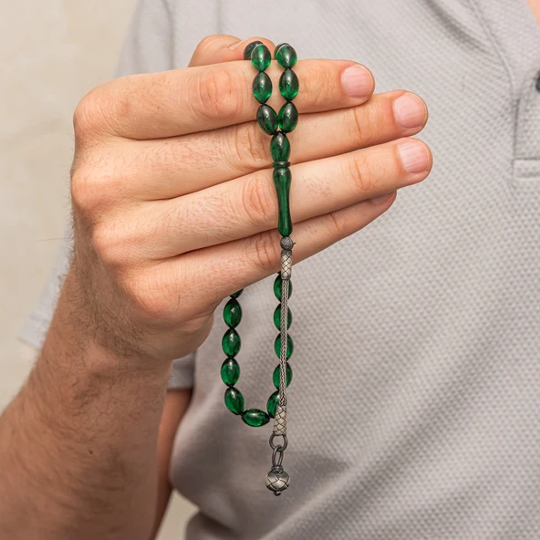 Gümüş Yeşil Kazaz Püsküllü Sıkma Kehribar Tesbih - Resim 3