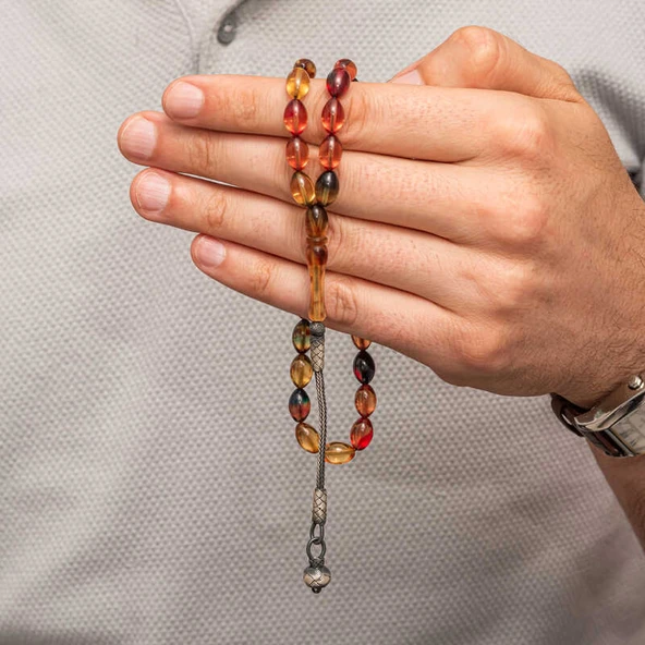 Gümüş Top Kazaz Püsküllü Sıkma Kehribar Tesbih - Resim 2