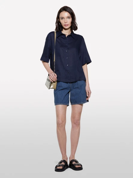 %100 Keten Kısa Kollu Gömlek Kadın Lacivert Gömlek - 325P5BMLLQ08U - Resim 5
