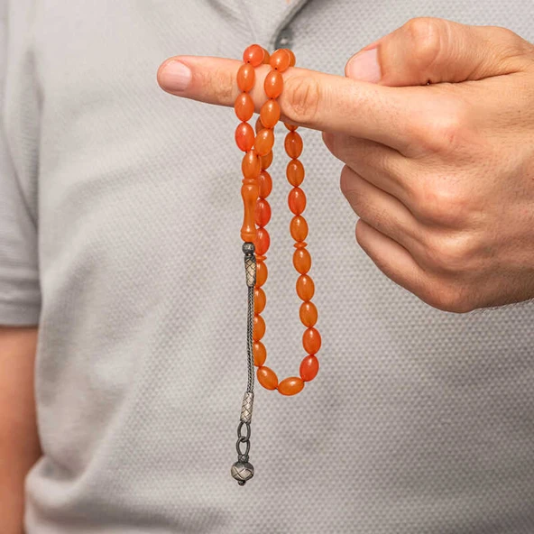 Gümüş Kazaz Püsküllü Sıkma Kehribar Tesbih - Resim 2