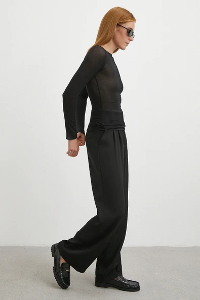 Beli Lastikli Pileli Geniş Paça Pantolon Siyah - Resim 2